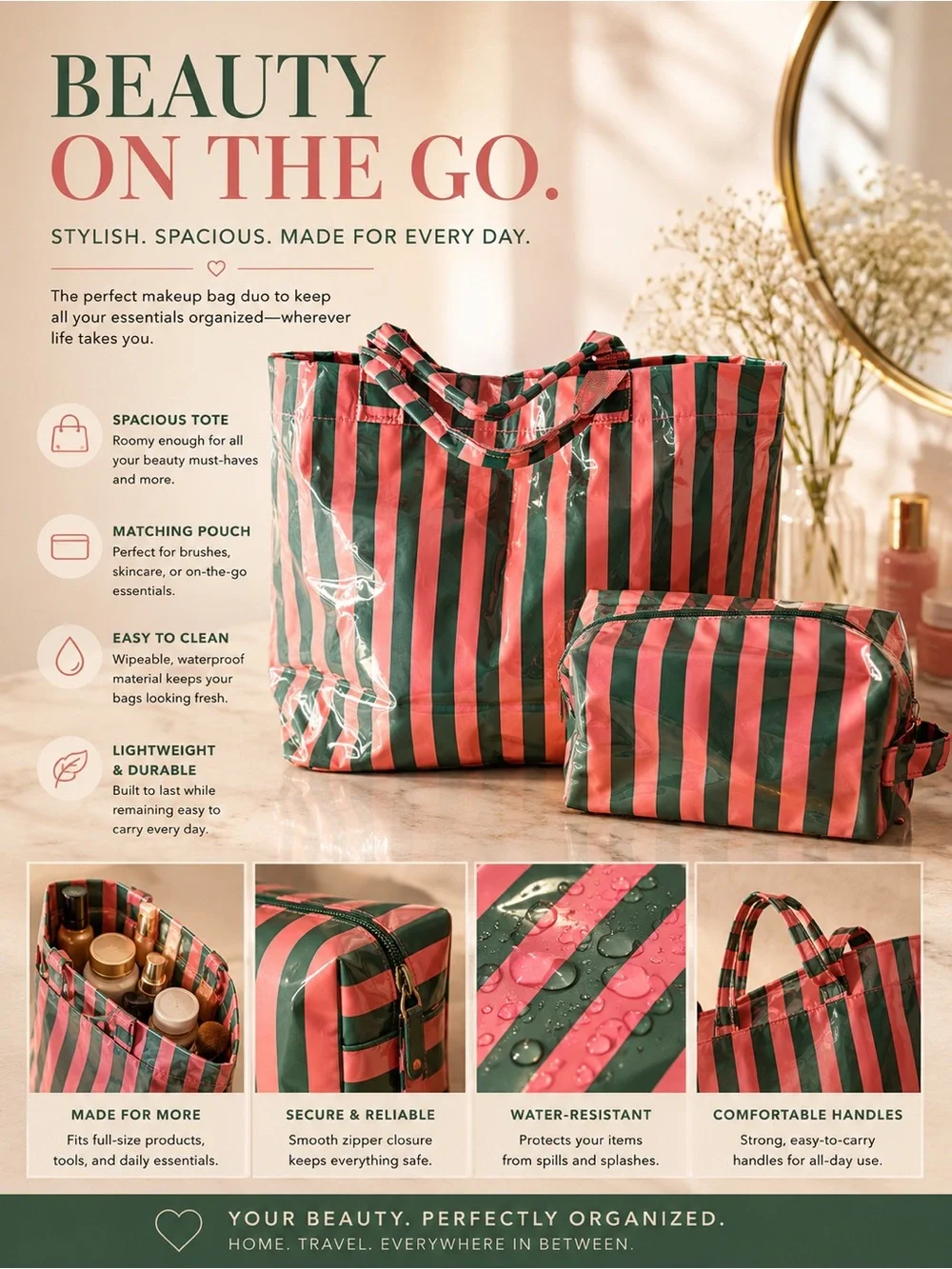 Striped Green & Coral Tote with Matching Pouch - Stylish Everyday Carry